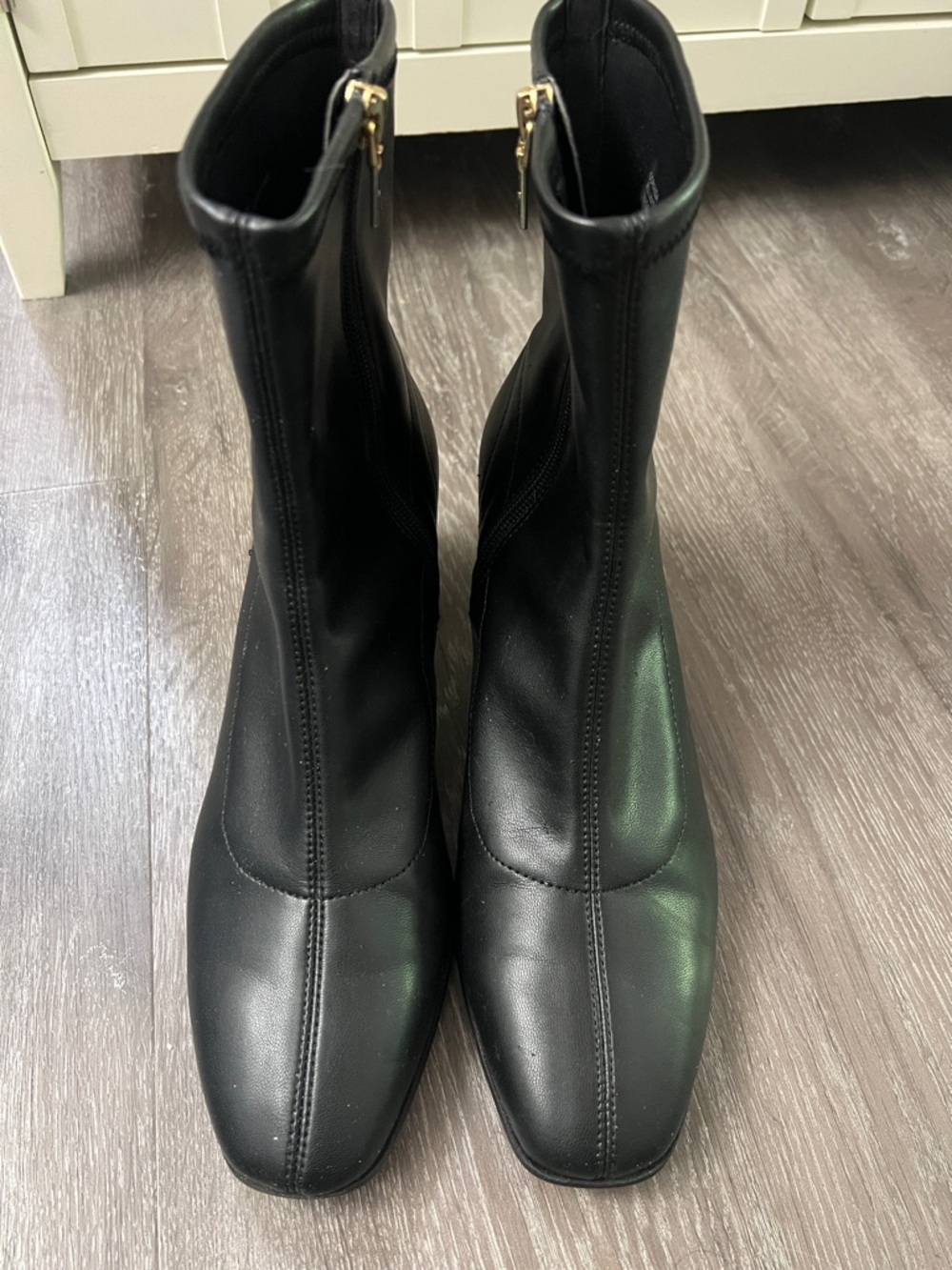 Black Leather Square-Toe Ankle Boots